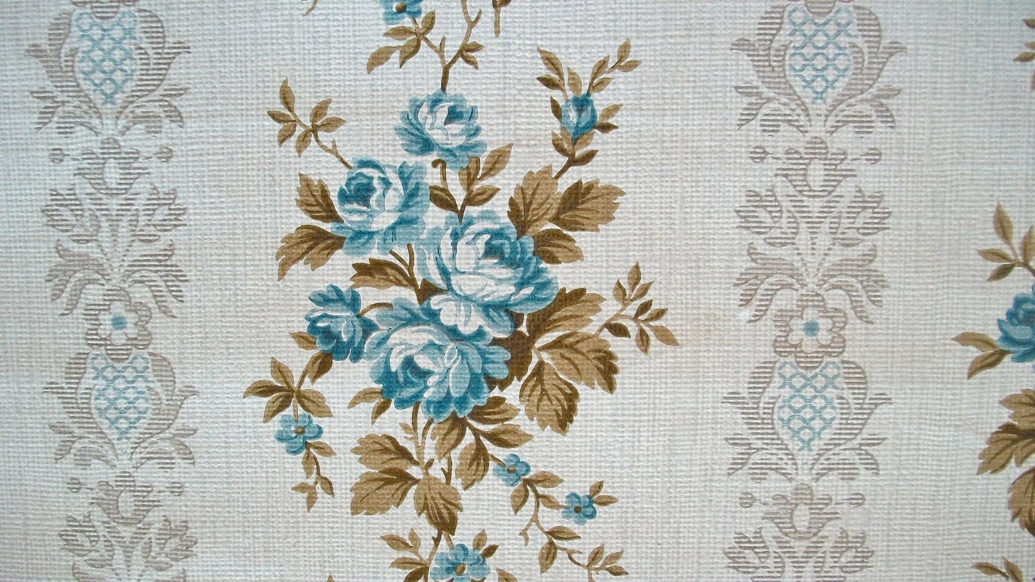 Vintage French 1940s Wallpaper Blue Rose Ticking