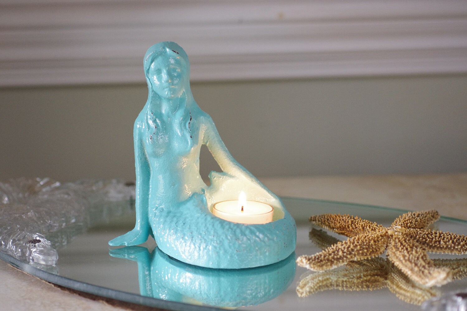 Mermaid Coastal Decor Cast Iron Mermaid Candle Holder