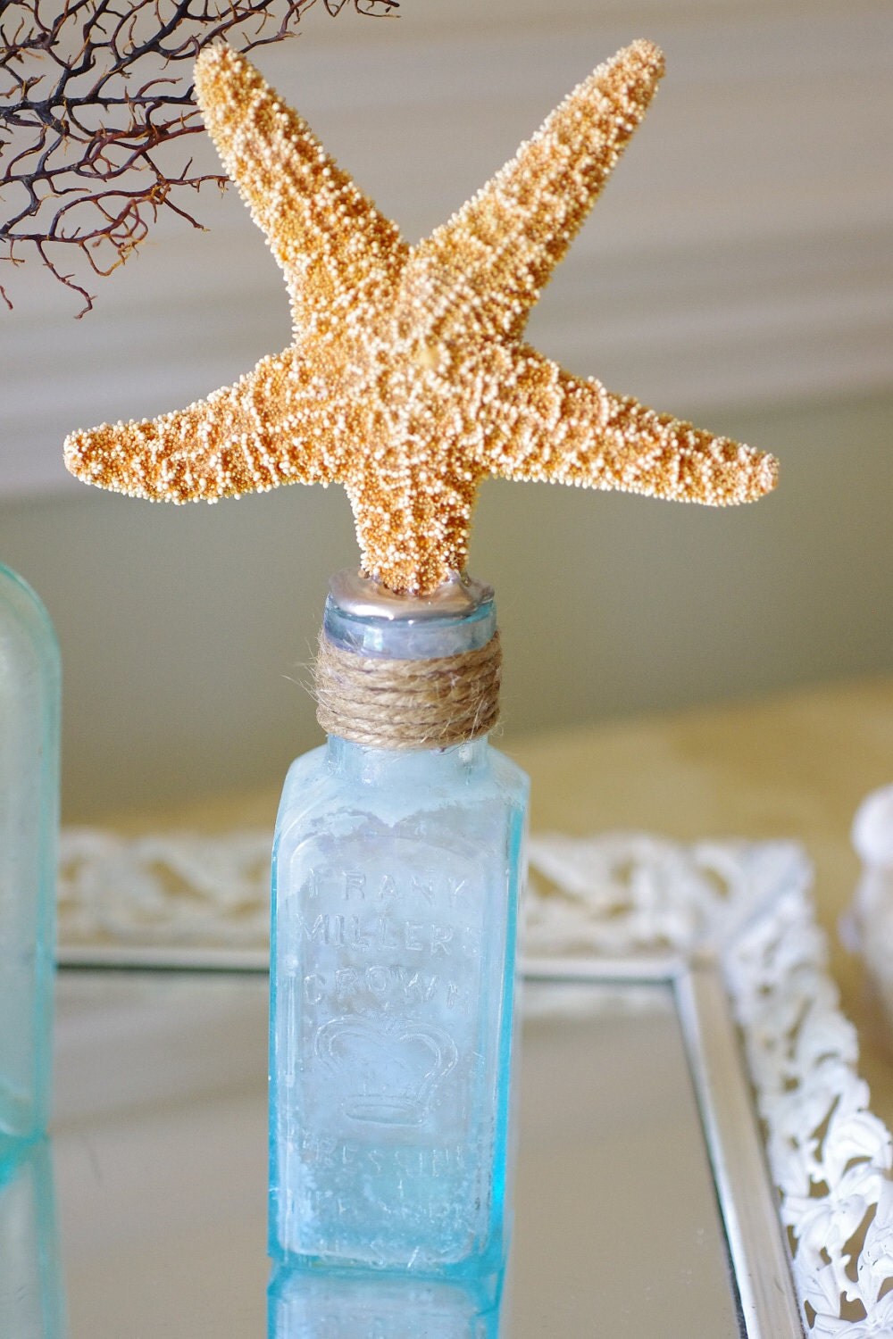 Beach Decor Set of 3 Vintage Aqua Glass Bottles with Shell Art