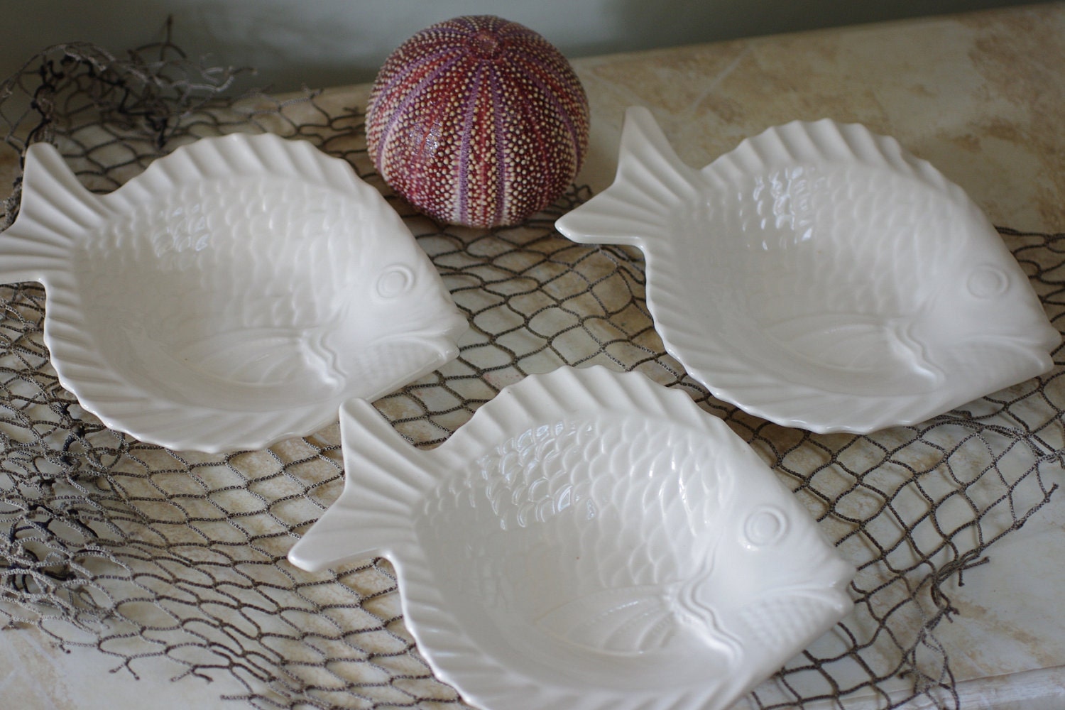 Vintage Set of 6 Ceramic Fish Shaped Salad Plates Off White