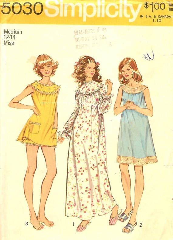 1970s Baby Doll Pajamas Pattern Size Medium 12 14 Bust 34 36