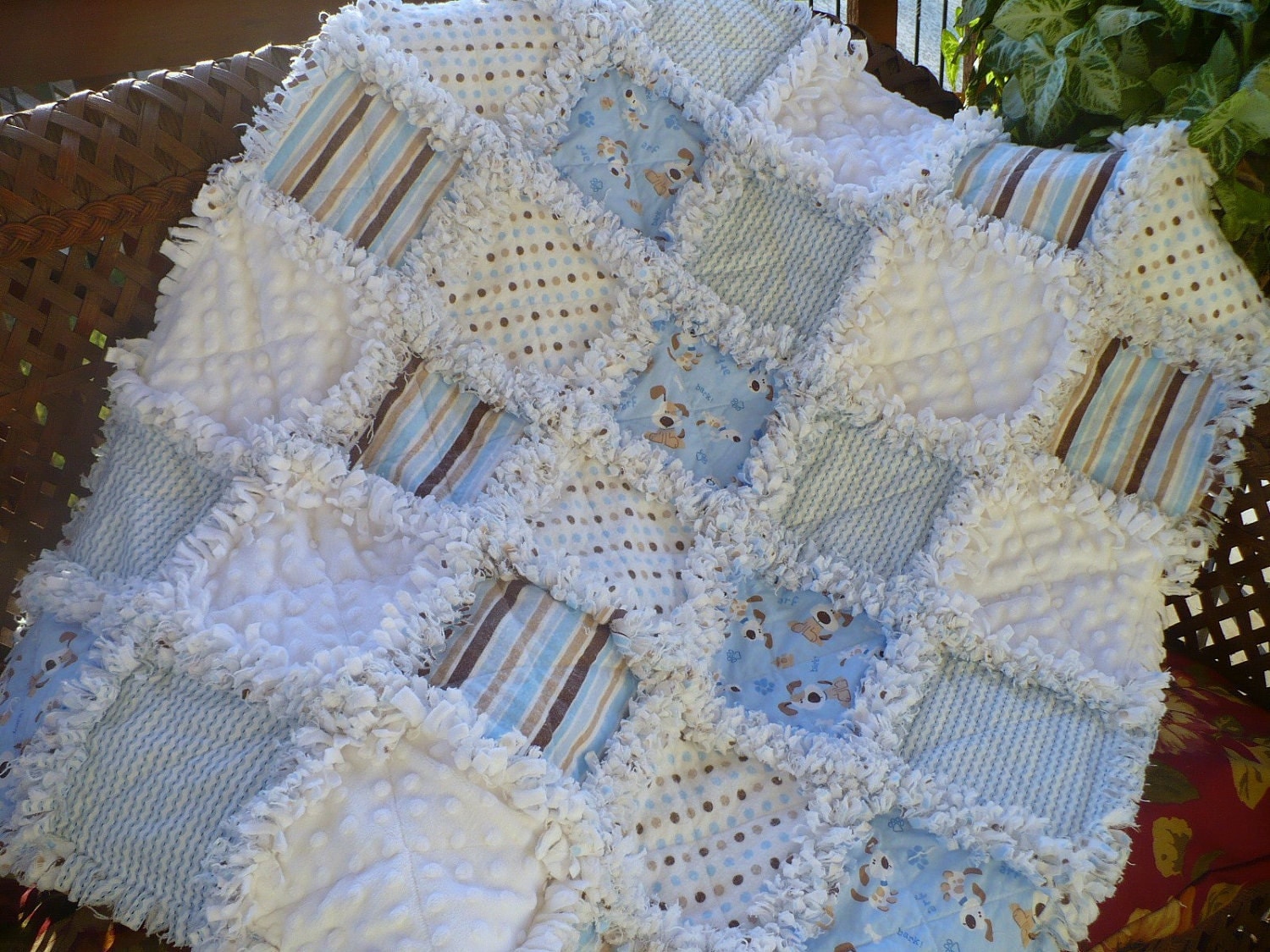 Baby Boy Rag Quilt Blue and Brown Puppies Dots and Stripes