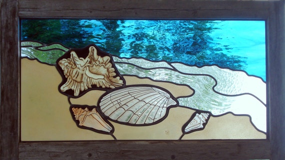 Items similar to Painted Stained Glass Seashell Beach Scene on Etsy