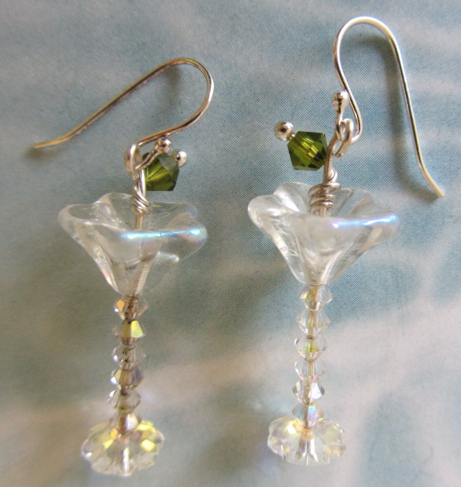 Martini Glasses Earrings with a Green Olive OOAK Artisan