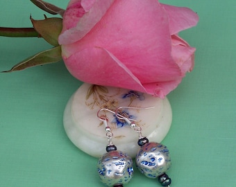 Freshwater Pearls and Silvertone Ball Earrings, Blue Earrings, Handmade Jewelry