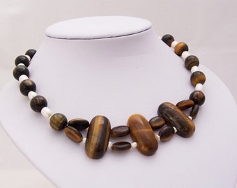 Tiger's Eye and Freshwater Pearls Necklace, Gemstone Necklace, Chunky Necklace, Brown Necklace, UK Seller