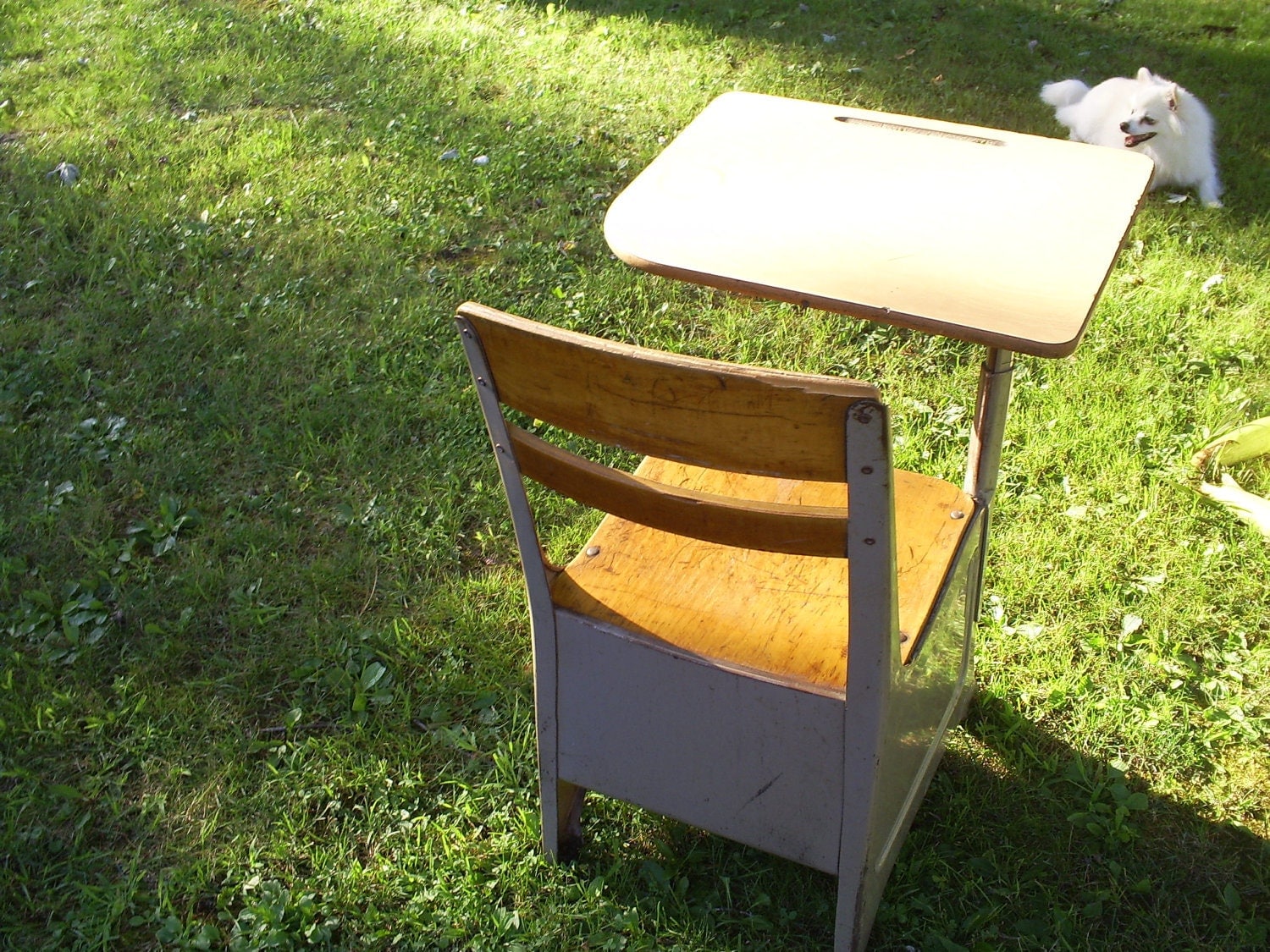 Vintage School Desk And Attached Chair Wood And Metal Free