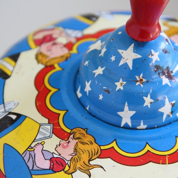 Vintage Ohio Art Tin Spinning Top Kids in Airplanes