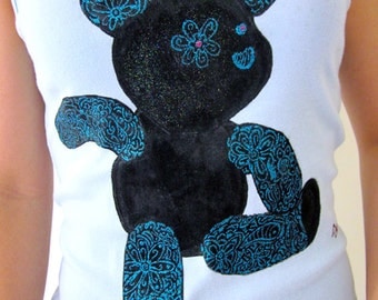 Handpainted Women's Singlet Floral Teddy Bear tattoo Inspired with glitter