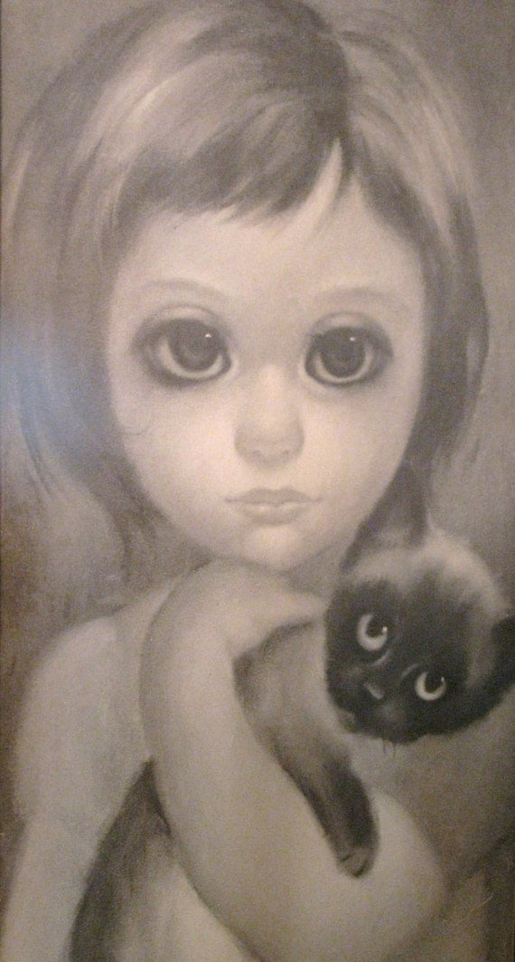 1960s KEANE Big Eyed Girl & Cat Framed Print