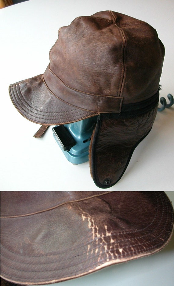 1930s L.L. Bean distressed leather and shearling hat with