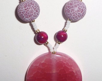 Pink Stone Necklace - Pink Agate Necklace - Pink Shell - Pink and White - Pink Beaded Necklace (clearance/originally 19.99)
