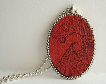 Red Dragon Necklace Rubber Stamped Leather Metal Bezel