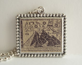 Egypt Pryamid Necklace Postage Stamp Rubber Stamped Leather Metal Bezel