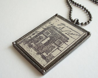 Paris Necklace Arc de Triomphe Rubber Stamped Leather Metal Bezel
