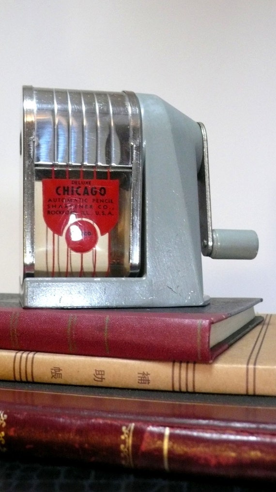 vintage industrial metal PENCIL SHARPENER chicago clear