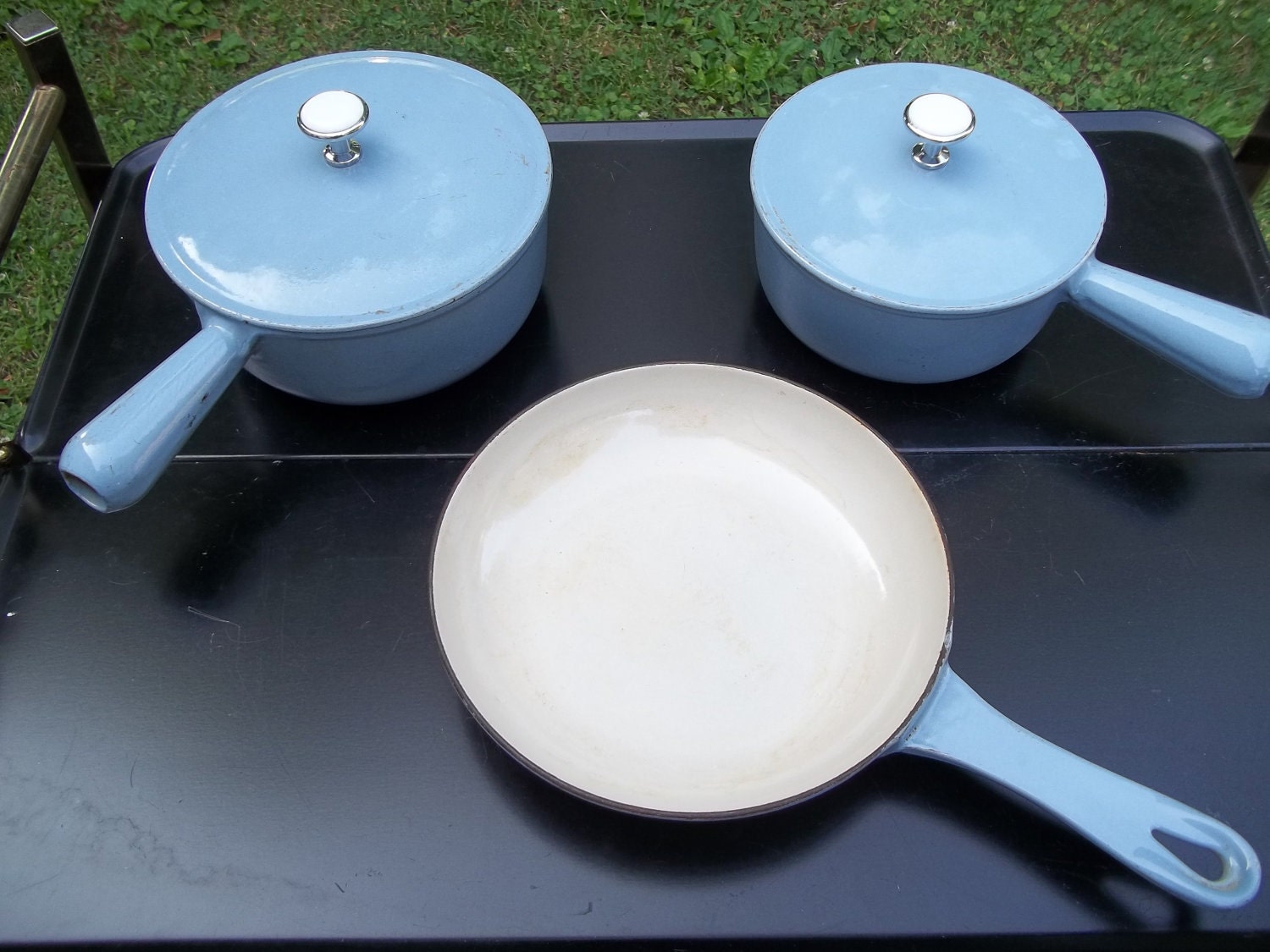 Vintage Set of Blue Cast Iron Enamel Cousances Cookware