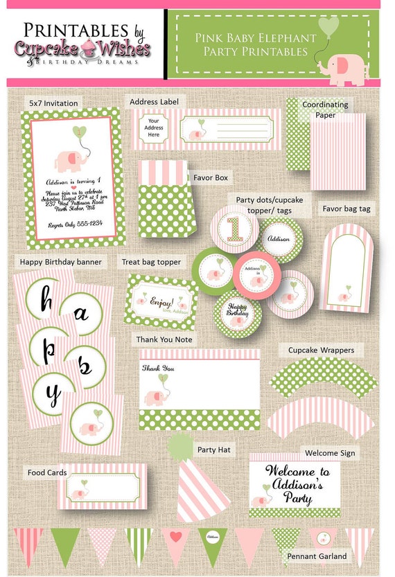 Pink Baby Elephant - Preppy Elephant - Printable Party Il_570xn