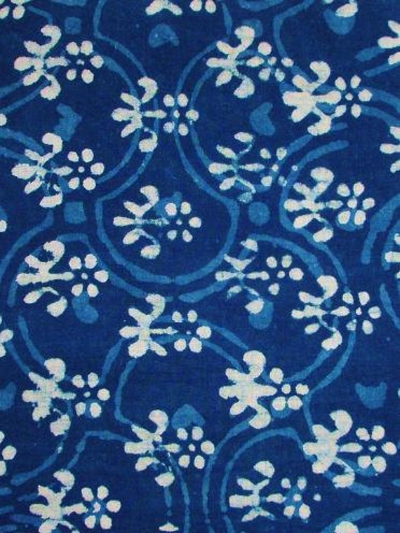 Organic Cotton Fabric Block Print in Indigo Blue and White