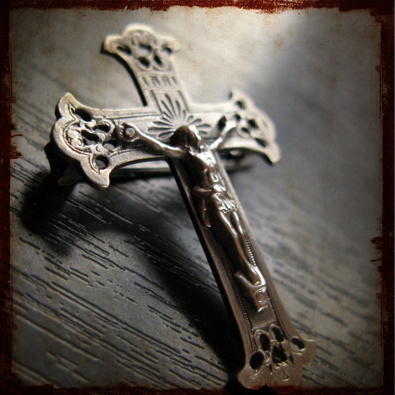 Antique French Silver French Religious Crucifix Brooch – Vintage 