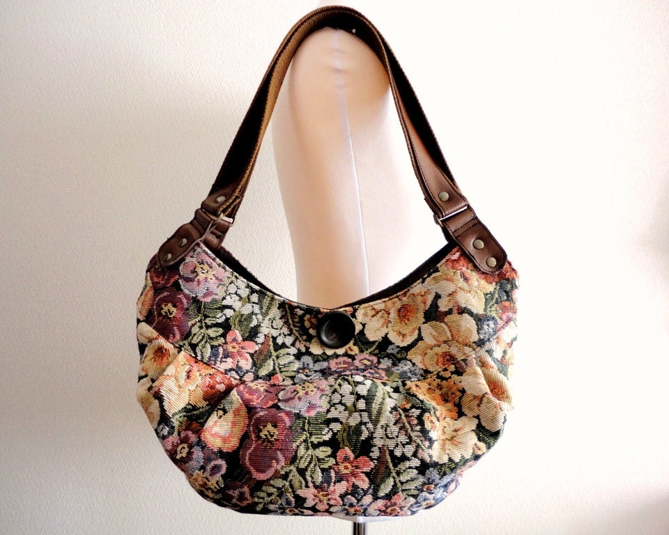 Gobelin tapestry Bag Purse with Real Leather Handles