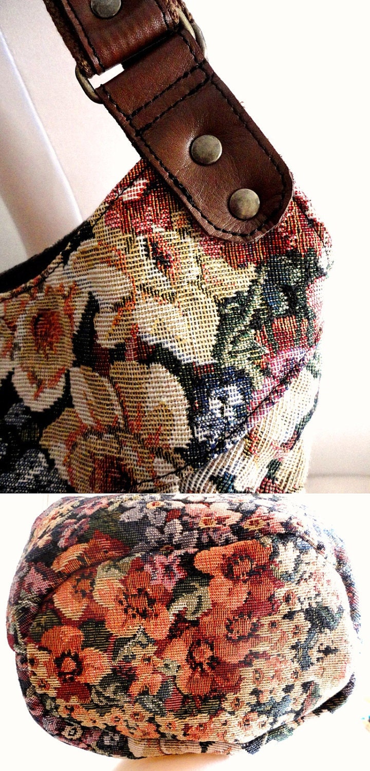 Gobelin tapestry Bag Purse with Real Leather Handles