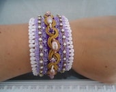 Bead embroidered lace Bracelet White and lavender, handmade