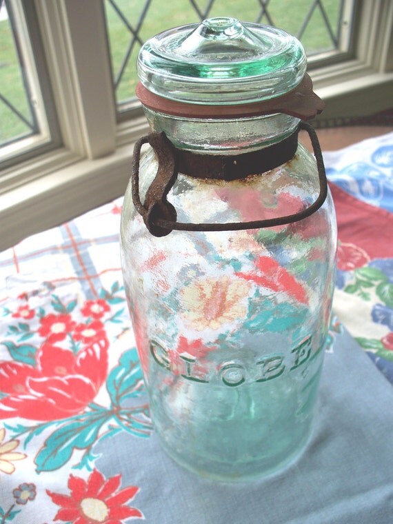 large Vintage 1886 Globe jar with glass lid canning by klickatat