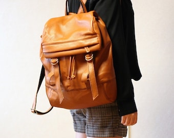 Square Shape Leather Backpack - Tan Brown by studio731 on Etsy