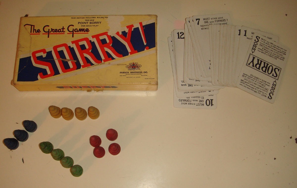 Vintage 1930s Sorry Game Playing Cards and Wooden Game Pieces