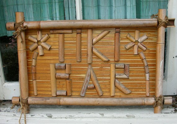 Vintage Bamboo TIKI BAR Wood Sign Retro Hawaiian Luau Party