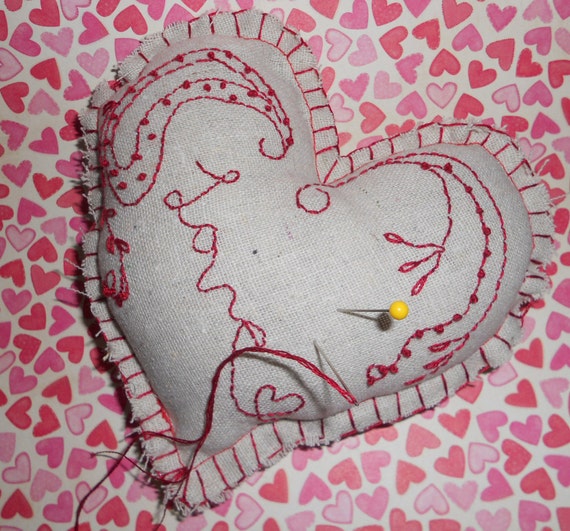 Love Embroidered Heart Pincushion Homespun Folk Altered Art