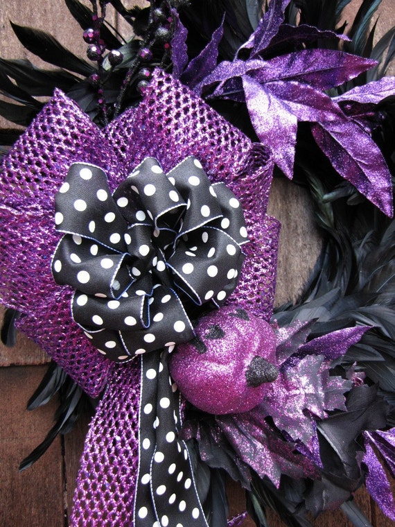 Halloween Wreath Purple and Black Halloween Feather Wreath