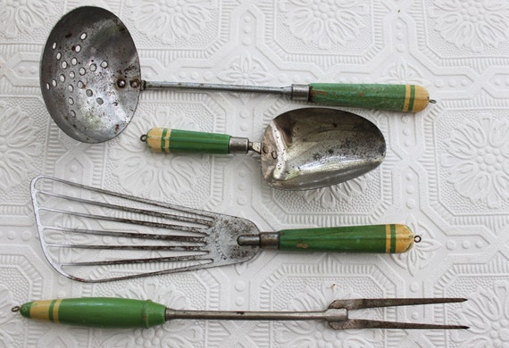 Items similar to Vintage Green Handle Kitchen Utensils on Etsy