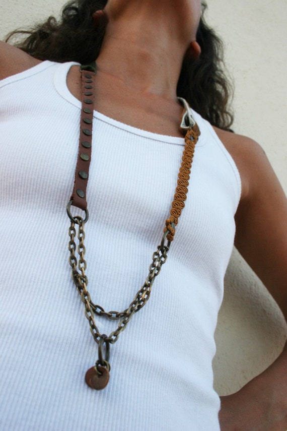 Necklace Belt Fabric Necklace Leather BrassChains Upcycled