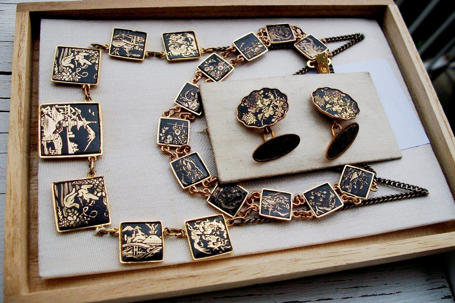 VINTAGE Japanese Jewelry SET DAMASCENE Never Worn Bracelet