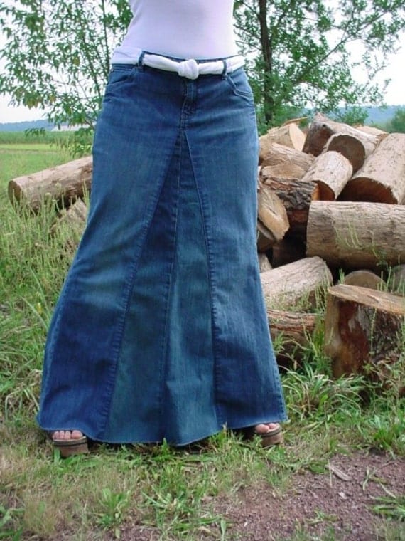 Long Denim Skirt Made from Deconstructed by LovelyGypsyBoutique