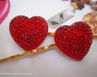 Cabochon hair grips - Sparkly Crystal red pink hearts love jewel decorative embellish gold hair decor Valentines accessories TREASURY ITEM
