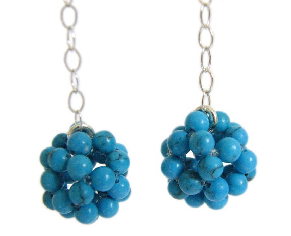 Turquoise ball earrings - blue howlite, sterling silver chain, handmade jewelry