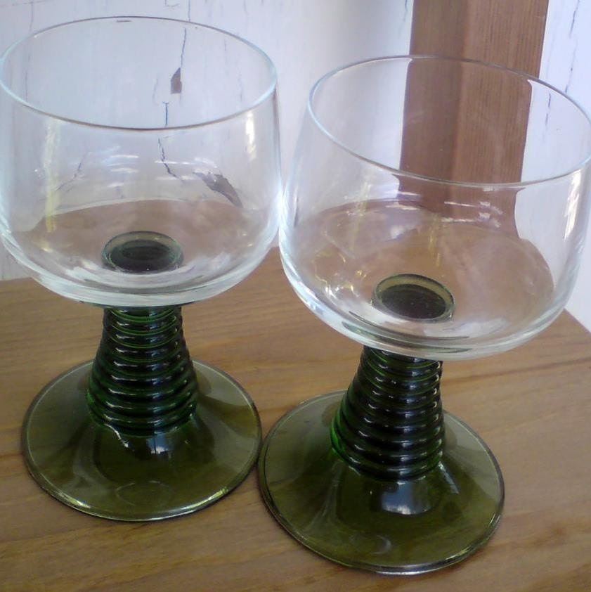 Green Ribbed Wine Glasses Vintage German Roemer Style Set of