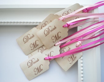 Favor Tags, Drink Me Tags, Alice In Wonderland, Set Of 24, Choice Of Ribbon Colors