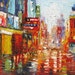 ORIGINAL Oil Painting Morning Full of Life 40x30 Cityscape Colorful Red Purple Rain Reflection Street Textured Big ART by Marchella