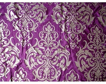 Damask Purple Velvet Fabric With Pearl Silver Printing