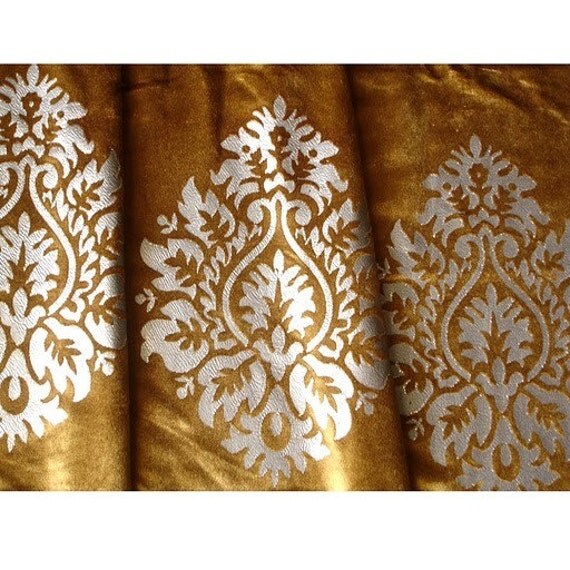 Antique Gold and Silver Glitter Printed Damask Velvet Fabric