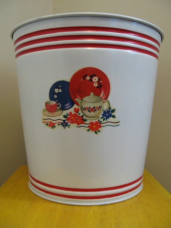 Vintage Kitchen Trash Can White with Red Stripes Metal