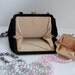EVC Black Harry Levine Evening Handbag w Soft Pink Satin Lining and Attached matching Change Purse, Gold Hardware Flower Closure