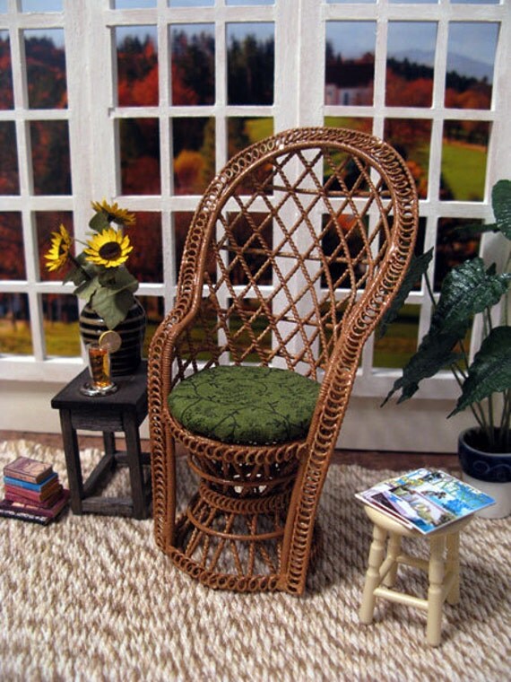 Dollhouse miniature wicker chair with upholstered by otterine