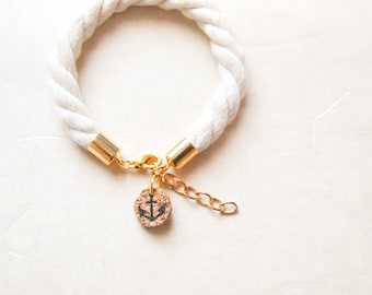 Subtle Sailorette Nautical Rope Bracelet with Anchor Charm - or Customized Tag with Initials - Golden / Silver Accent - Made To Order
