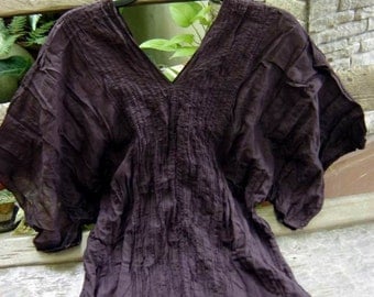 Thai Simply Loose Fit Cotton V Blouse - Choc Brown