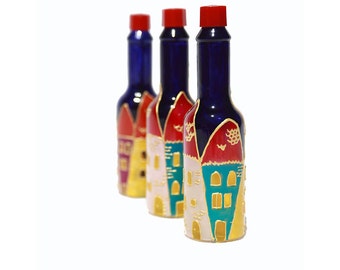 Hand Painted Glass Bottles Hand painted Tabasco bottle Hand painted bottle Home decor Decorative Glass Art